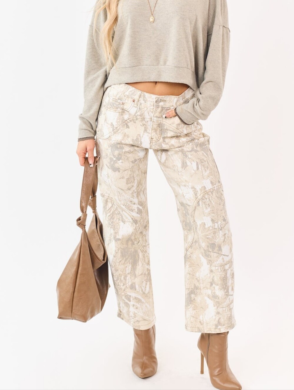 Lime Lush Saige Sand Camo Tummy Control Barrel Jeans Size S High Rise Neutral